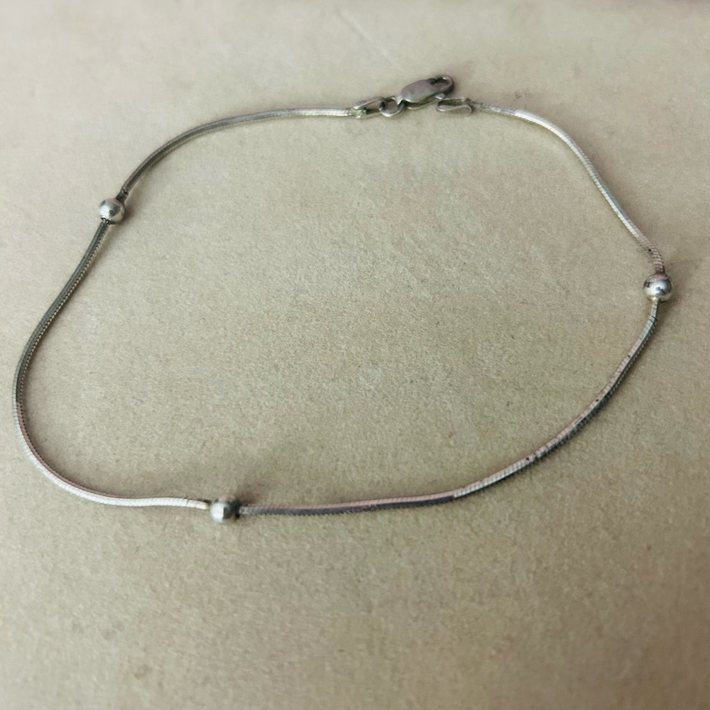 925 Sterling Silver Snake Chain Anklet 10” Italy Bead Dainty Minimalist